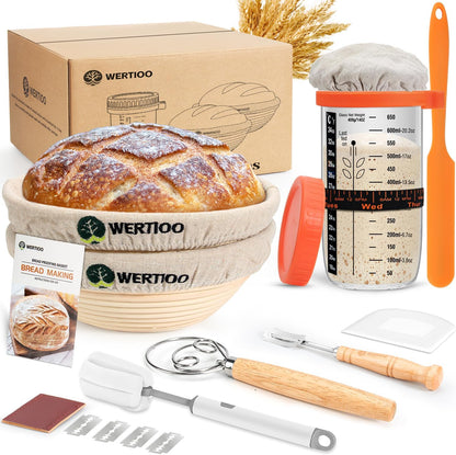 Banneton Bread Proofing Basket Set of 2, 9 Inch Round Sourdough Proofing Basket, Sourdough Starter Kit, Sourdough Bread Baking Supplies with Dough Scraper, Danish Dough Whisk, Bread Lame, Bowl Scraper