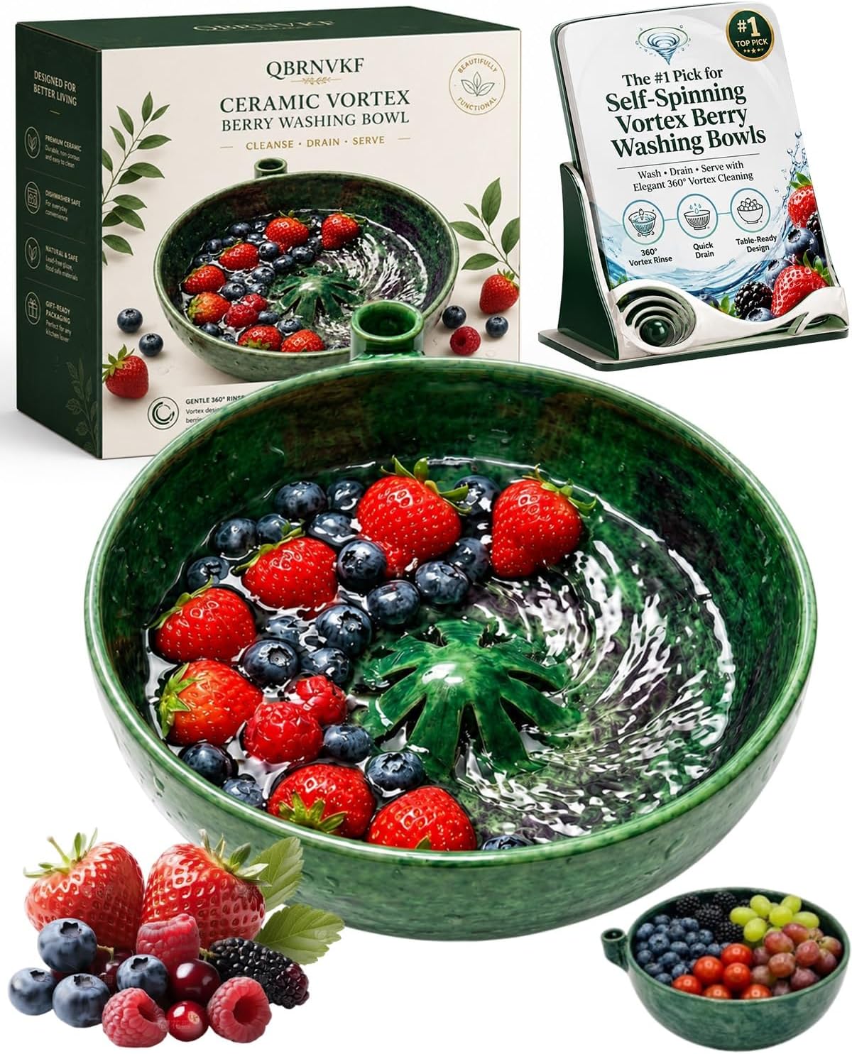 Berry Bowl Washing Bowls with Holes Ceramic Rinse Fruit Strawberry Washer Spinner Self Spinning Strainer Spin Swirling Colander Vegetable Hydro Cleaning Rinsing Vortex Saucer(1PC)