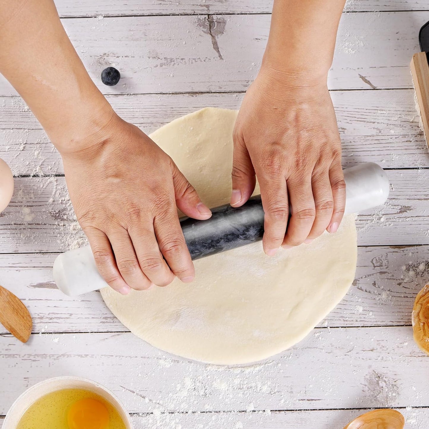 Tianman French Marble Rolling Pin.12 Inchs Marble Rolling Pin for Baking With Wooden Base Holder Stand-Non-Stick Baking Roller for Baking Fondant, Pizza,Cookies,Crust,Pasta(White-Black-White)