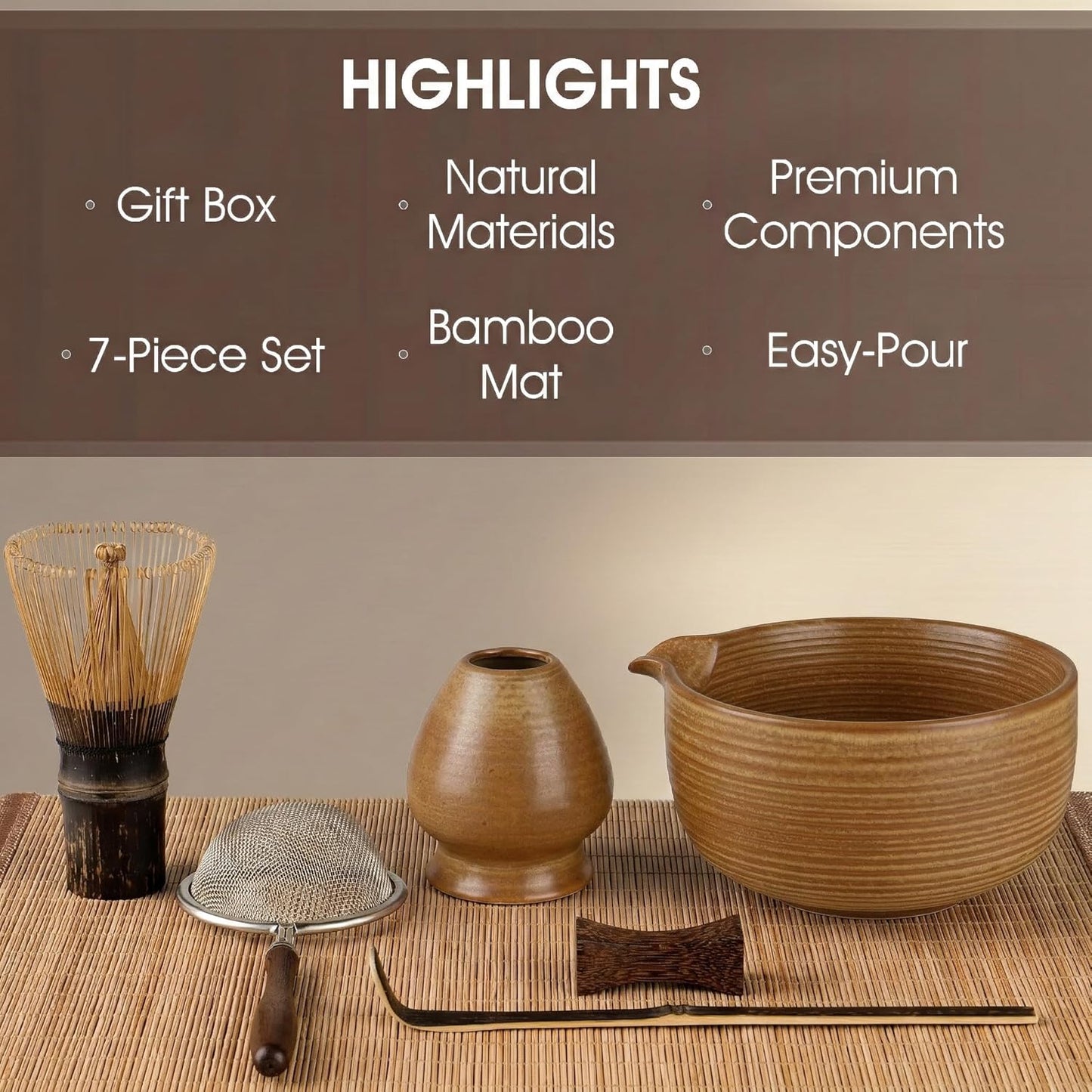 Matcha Whisk Set, 7-Piece Matcha Kit with Ceramic Bowl, Bamboo Whisk, Scoop, Sifter, Holder & Bamboo Mat – Premium Matcha Tea Set for Beginners & Matcha Lovers, Gift Ready