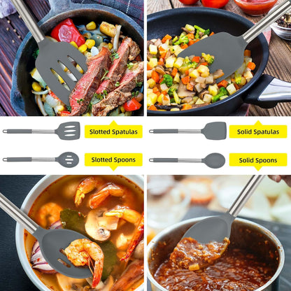 4 Pack Silicone Utensils Set，Non Stick Solid Spatulas, Slotted Spoons with Stainless Steel Handle，Spatulas for Cooking，Frying, Mixing, Serving -Blue