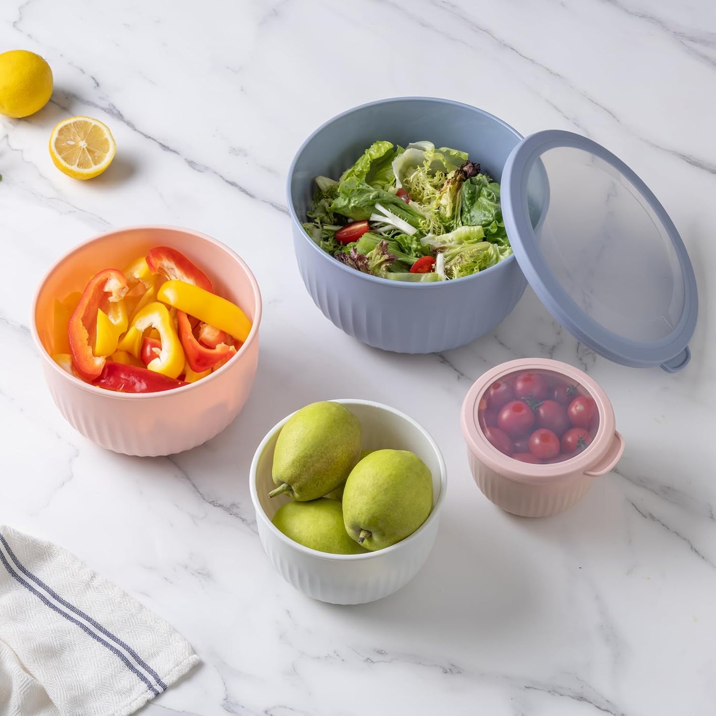 COOK WITH COLOR Prep Bowls with Lids- Wide and Deep Nesting Plastic Small Mixing Bowl Set with Lids, 8 Piece Set - Wide Bowls, Blue