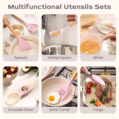 Astercook 39 PCS Kitchen Utensils Set, Silicone Cooking Utensil Sets with Wooden Handle, 446°F Heat Resistant Food Grade Spatula Set, BPA Free Kitchen Gadgets Tools Set & Spoons for Nonstick Cookware