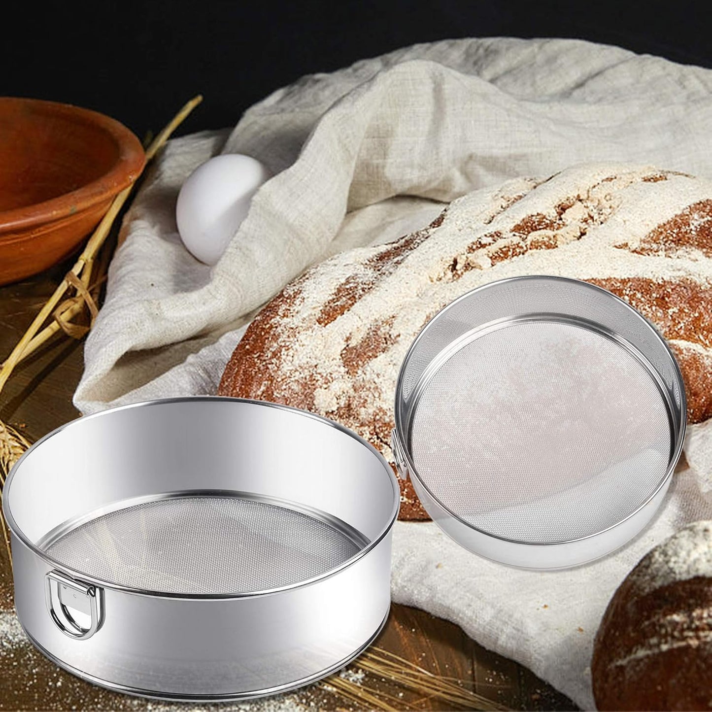 Supkiir Stainless Steel Flour Sifter, 6-Inch, 8-Inch Sieve Fine Mesh Strainer Round Sifting Pan for Baking Straining Powdering Bread Dough Cake Fondant Icing