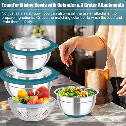 TeamFar Mixing Bowls with Colander Set, Stainless Steel Strainer and Nesting Salad Bowls, with Lids & 3 Graters, Non-Slip Bottom & Visible Lid, Rotatable & Dishwasher Safe, 4.6/3/1.5 QT, Khaki