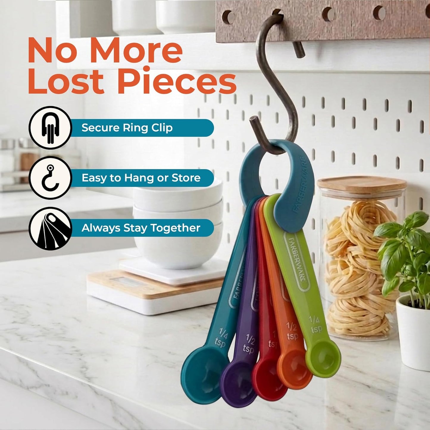 FARBERWARE 5-Piece Measuring Cup Set with Coffee Scoop, Durable Plastic Nesting Measuring Cups with Easy-Read Markings, BPA-Free, Dishwasher Safe