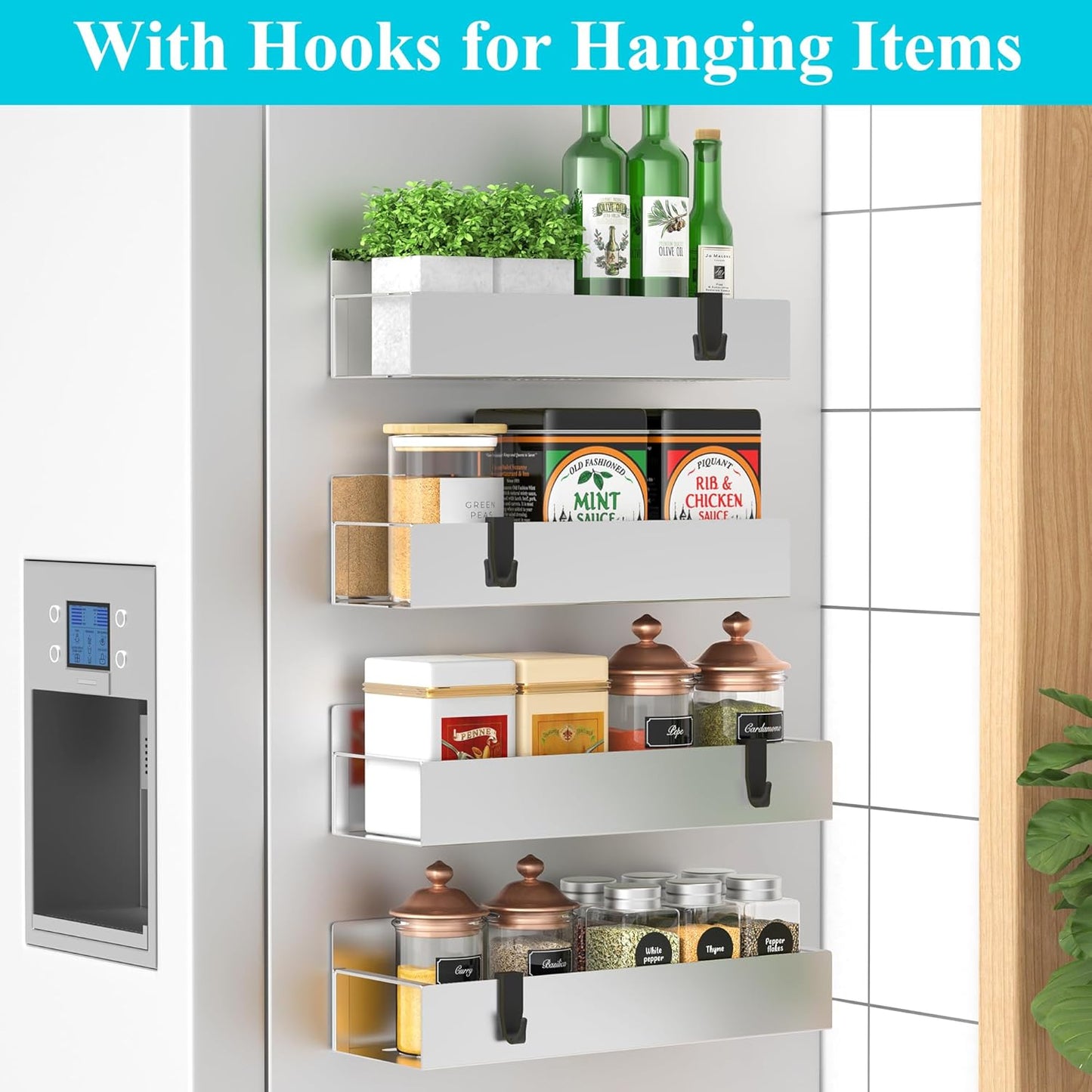 HuggieGems Metal 4 Pack Magnetic Spice Storage Rack Organizer for Refrigerator and Oven, Black Fridge Organizers and Storage, Metal