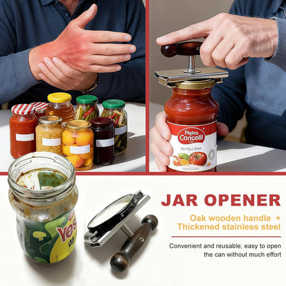 Heavy-Duty Cap Crack Jar Opener for Senior & Weak Hand - Strong Grip Oak Wood Handle & 304 Stainless Steel, Adjustable Manual Leverage Lid Remover for 1.5"-4" Jars [Clamp on Lid to Open]