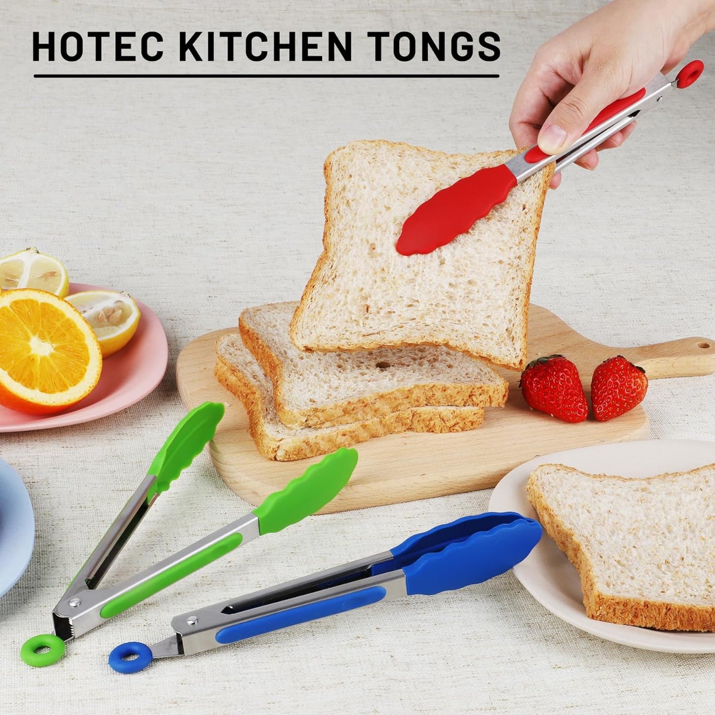 Hotec Silicone Kitchen Tongs for Cooking 9-Inch Serving Tongs with Silicone Tips, Set of 3 (Gradient Blue)