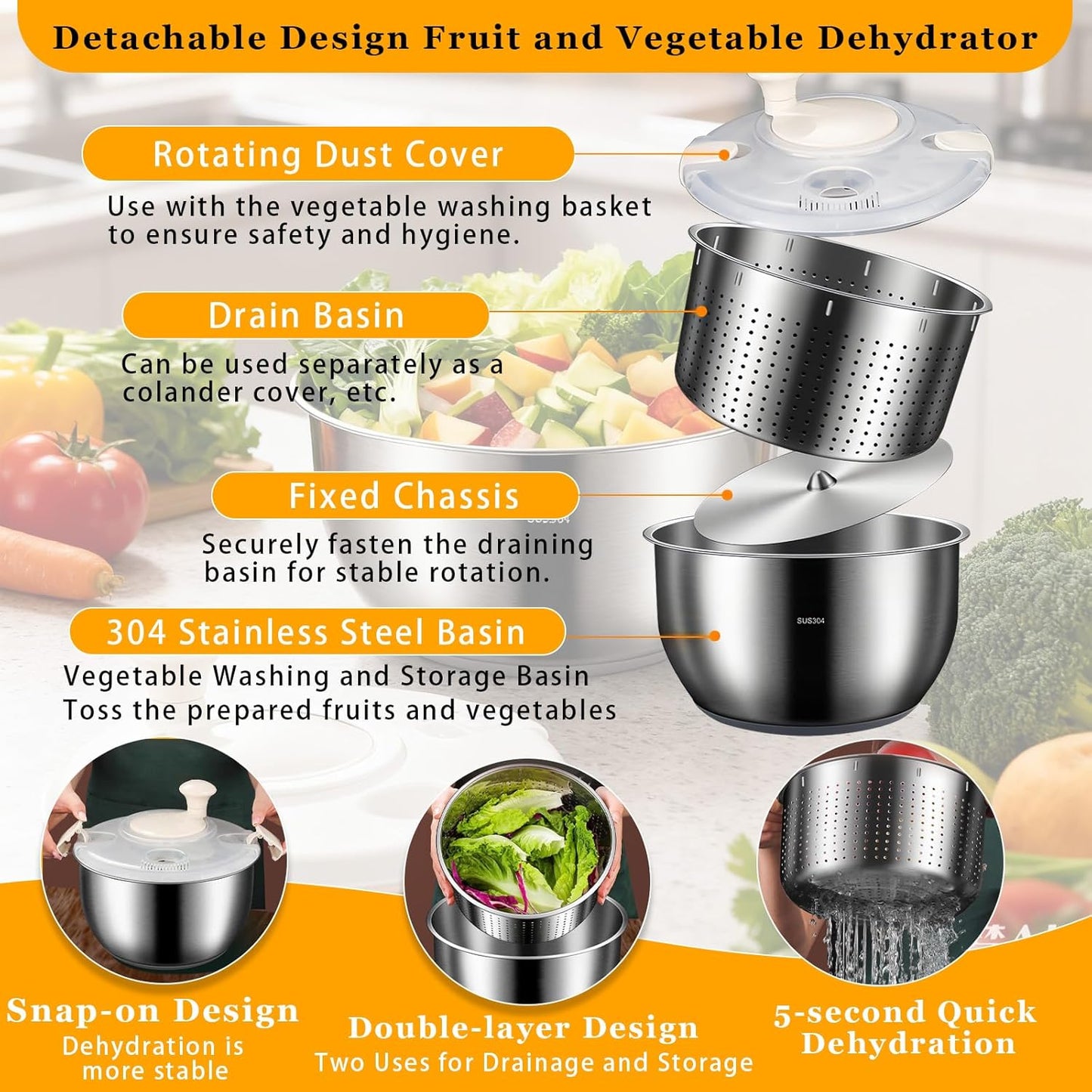 Salad Spinner Stainless Steel, Metal Salad Spinner, Salad Spinner Large, 6l With Pp Cover, Essential Kitchen Tool for Dehydrating Lettuce, Fruits and Vegetables, Pasta, and French Fries