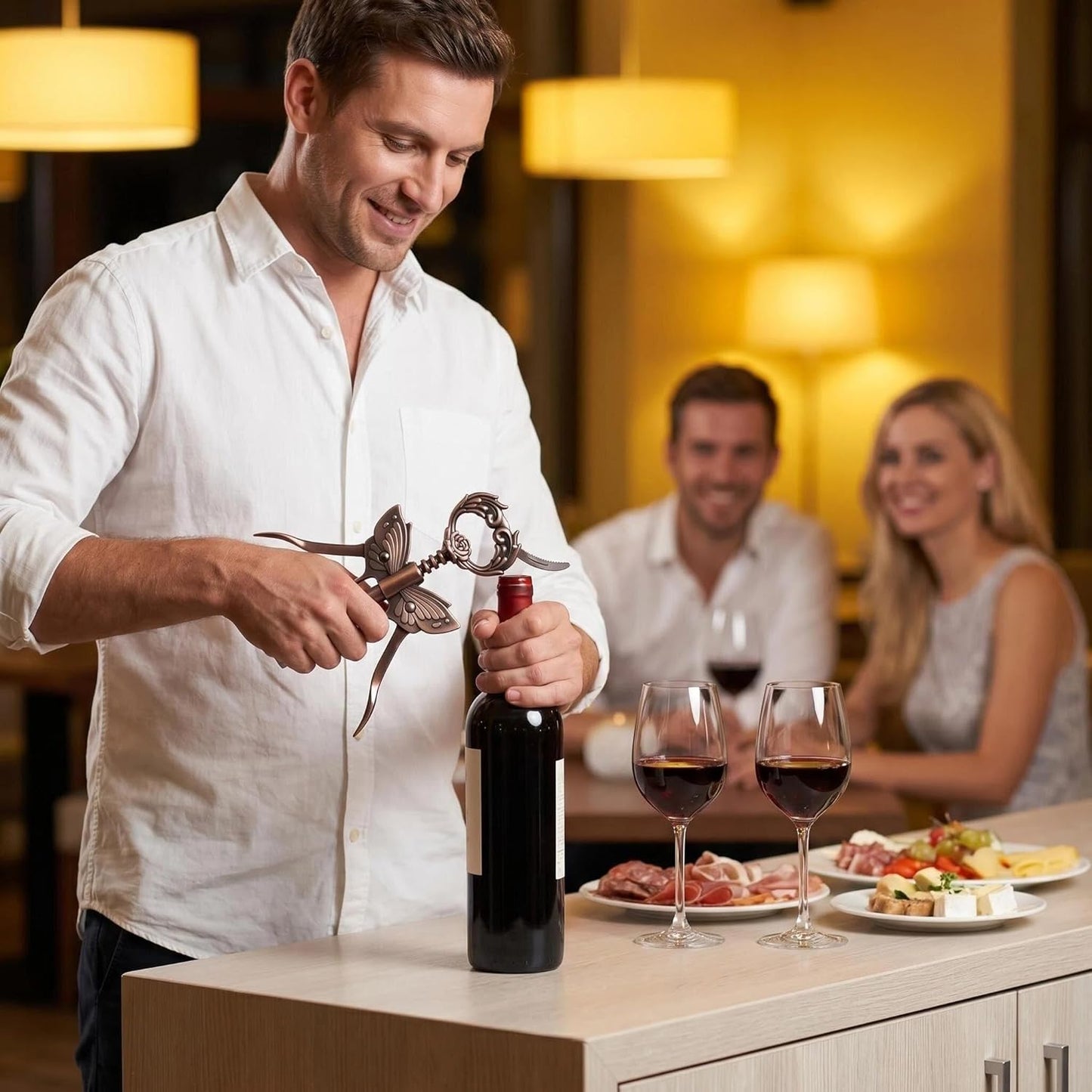 Wine Opener, 3 in 1 Zinc Alloy Premium Wing Corkscrew Wine Bottle Opener with Multifunctional Bottles Opener and Serrated Foil Cutter for Wine and Beer (Black)