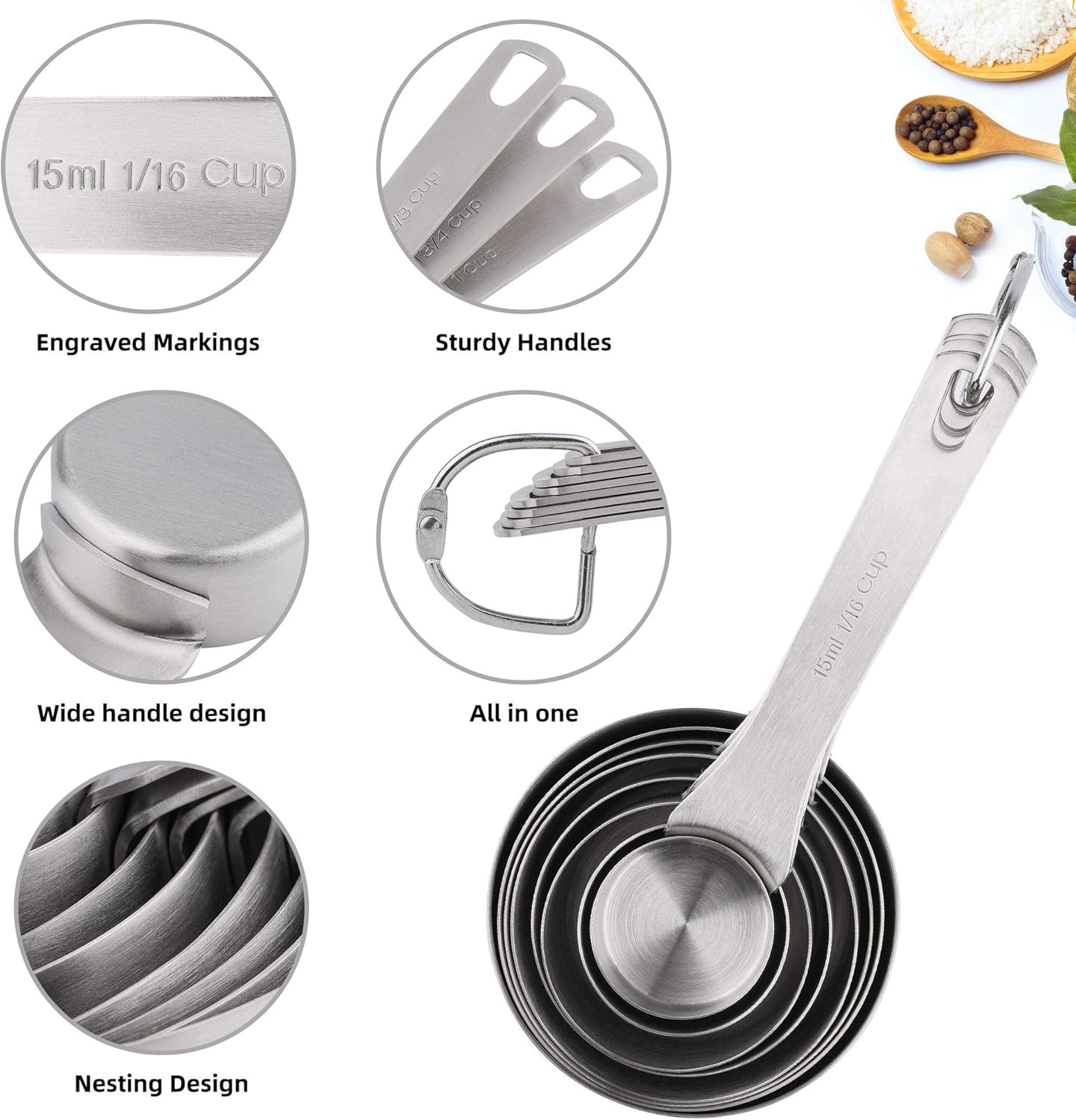 Measuring Cups Set, 18/8 Stainless Steel Measuring Cups and Spoons Set, 8 Kitchen Measuring cups & 9 Baking Measuring Spoons & Magnetic Conversion Chart&Leveler&Rings-Metal Measure Cups&Spoons