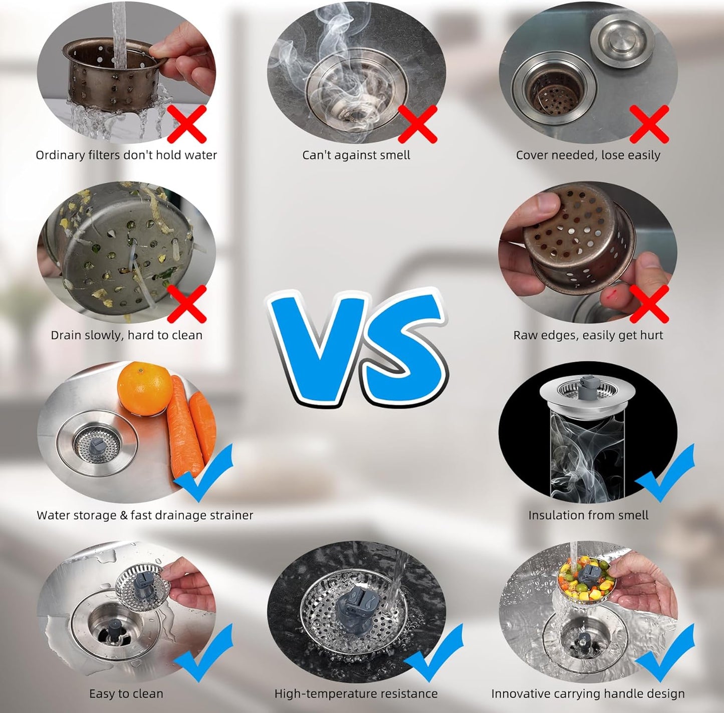 Hibbent Upgraded 3 in 1 Kitchen Sink Drain Strainer and Stopper Combo, Stainless Steel Metal Pop Up Sink Stopper, Anti-Clogging Basket with Foldable Handle for US Standard 3-1/2 Inch Drain