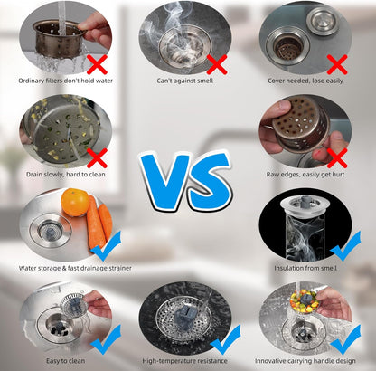 Hibbent Upgraded 3 in 1 Kitchen Sink Drain Strainer and Stopper Combo, Stainless Steel Metal Pop Up Sink Stopper, Anti-Clogging Basket with Foldable Handle for US Standard 3-1/2 Inch Drain
