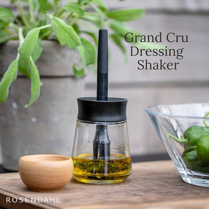 Rosendahl Grand Cru 8.5 Oz Dressing Shaker - Elegant Black Glass Container with Push-Button Lid, 360-Degree Spout for Easy Pouring, Leak-Proof, Multifunctional Kitchen Essential for Homemade Dressings
