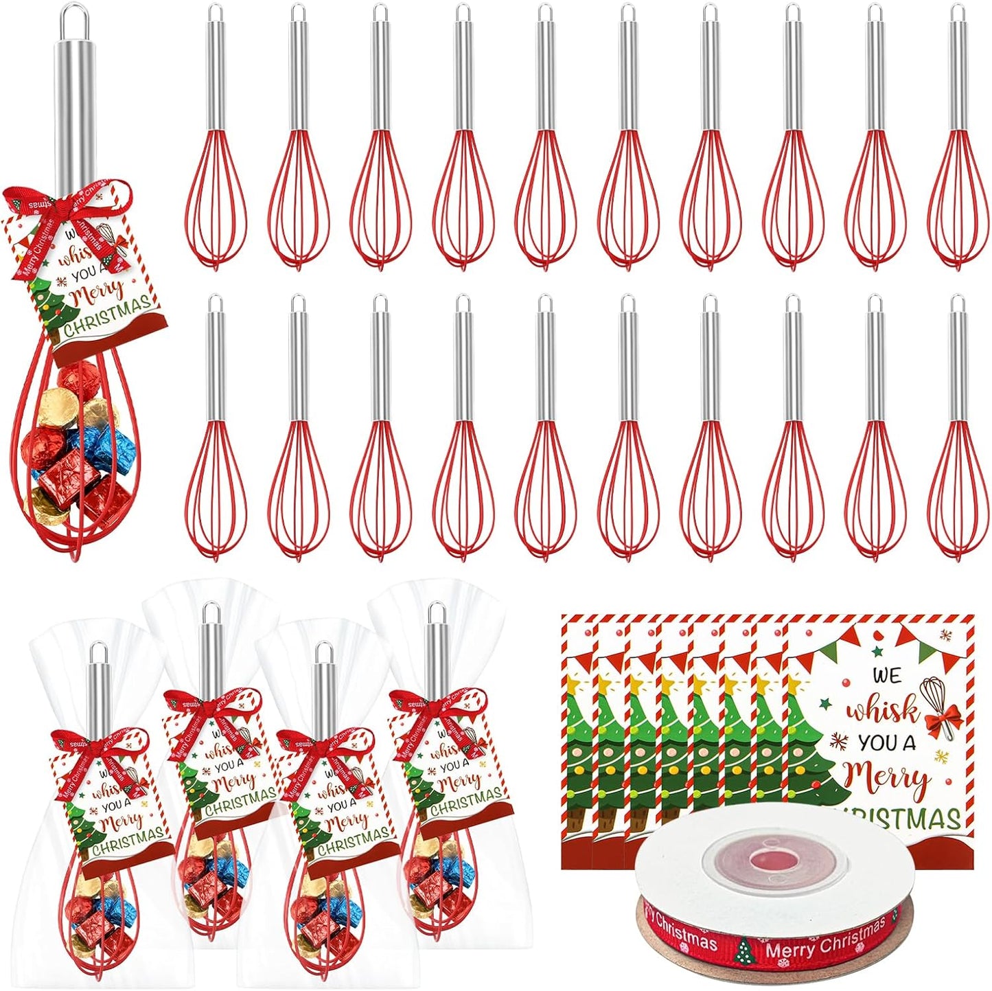 24 Sets Christmas Whisk Gift Sets Xmas Party Favors Includes 10 Inch Stainless Steel Egg Beaters Greeting Cards Ribbons Plastic Bags Ideal for Baking Cooking Stocking Stuffers Holiday (24, 10 Inch)