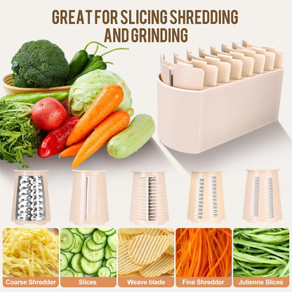Rotary Cheese Grater with 5 Well-designed Blades & Strong Suction Base, Kitchen Mandoline Vegetable Slicer with Blade Storage Box (GREEN)