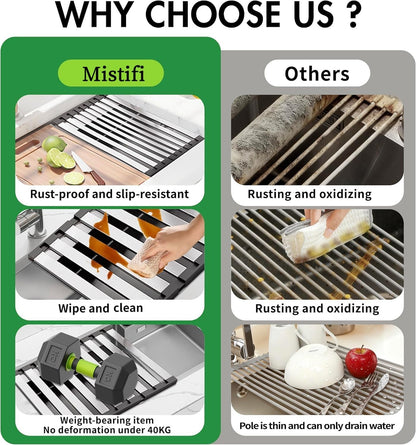Mistifi Sink Drying Rack Over-The-Sink Dish Drying Rack – Expandable & Adjustable Stainless Steel Rack, Space-Saving Countertop Organizer