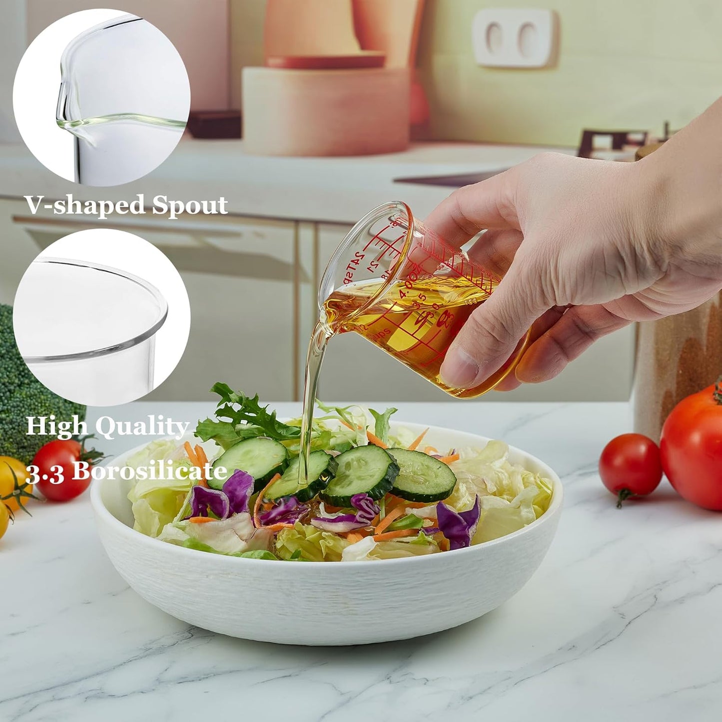 High Borosilicate Glass Measuring Cup-V-Shaped Spout，Glass Measuring Beaker for Kitchen or Restaurant, Easy to Read, 60 ML (2 Oz)-Pack of 2