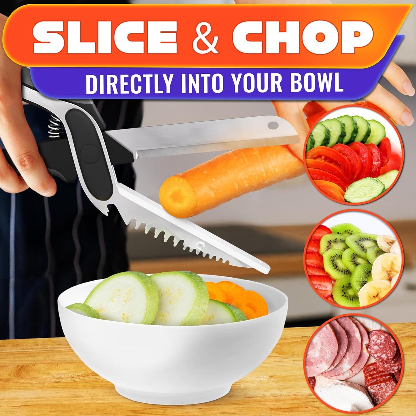 2 in 1 Kitchen Scissors for Food – Stainless Steel Blade & Plastic Cutting Board Scissors with Safety Lock | 9.5" Tomato Knife, Fruit & Vegetable Cutter – Easy-to-Use Kitchen Shears for Meat, Cheese