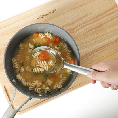 Calphalon Prime Slotted Spoon Skimmer, Stainless Steel Slotted Spoon, Straining Spoon with Navy Silicone Head, Heat-Resistant Nonstick-Safe Kitchen Tool