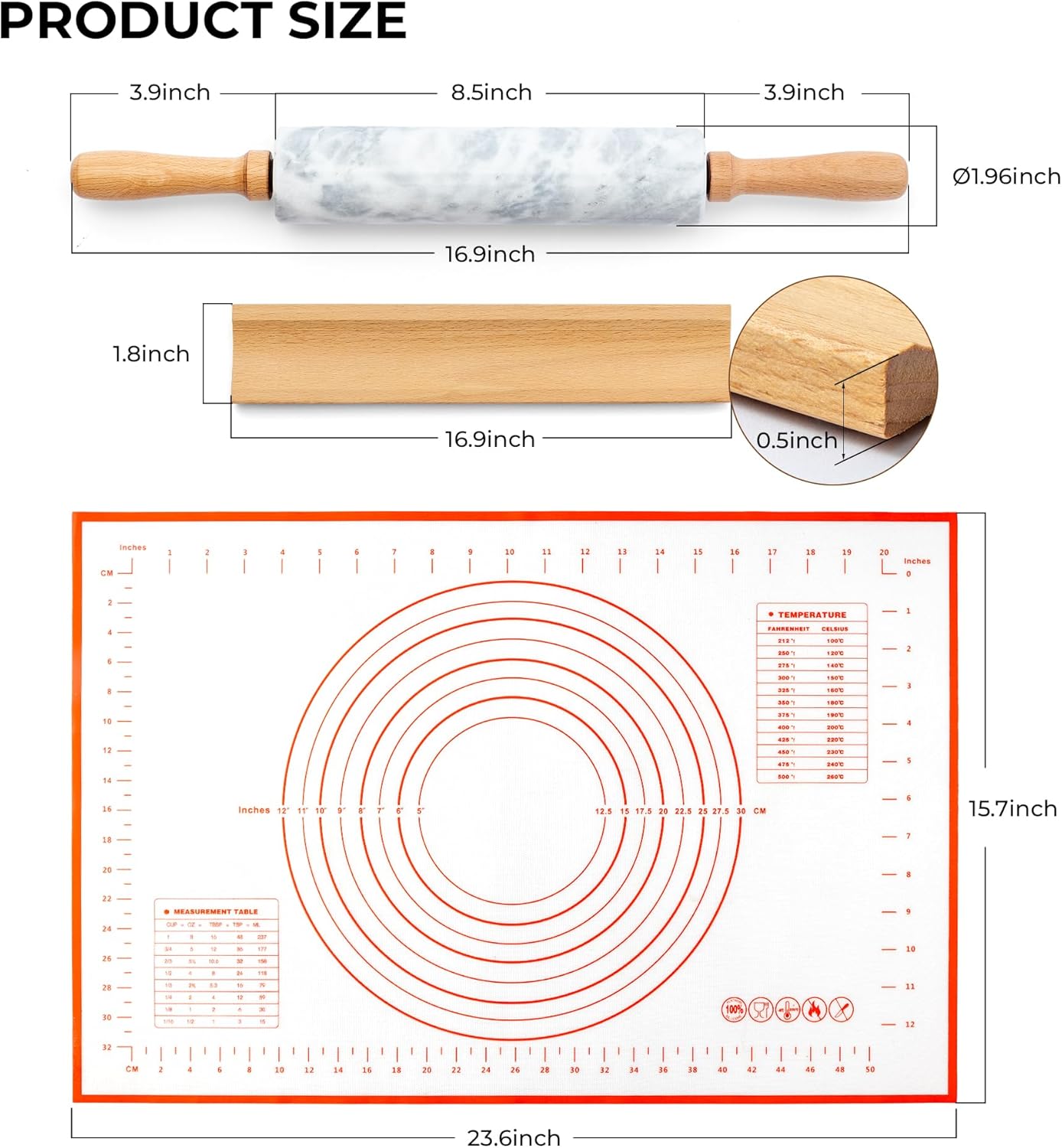 Marble Rolling Pin with Non-Stick Silicone Mat & Wood Base, 16.9-Inch Heavy Weight Dough Roller for Pizza Crust, Cookies, Pasta, Fondant, Pastry Polished Non-Stick Surface White (WH076)