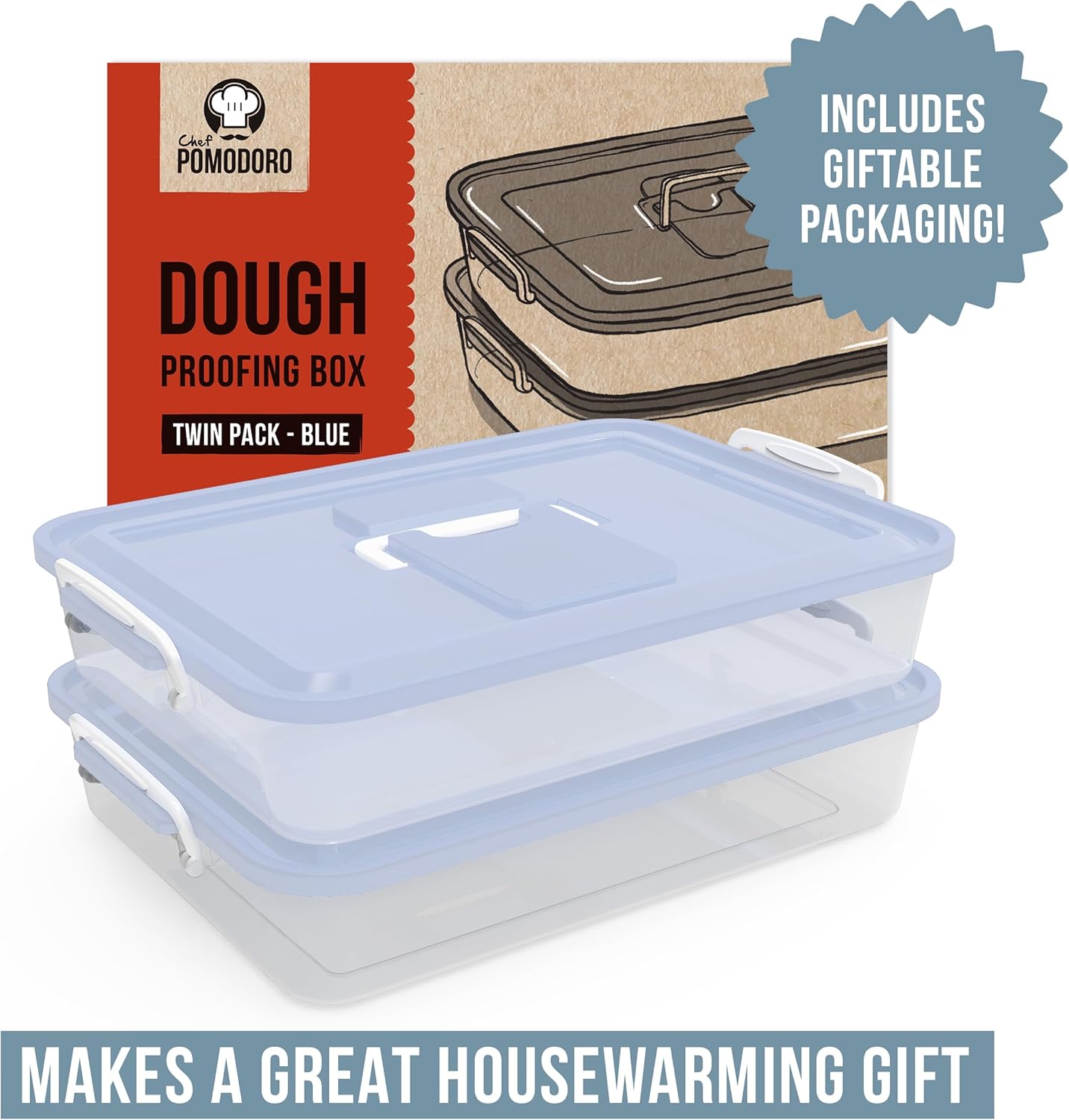 Chef Pomodoro Pizza Dough Proofing Box, 14 x 11-Inch, Preparation Container with Lid, Fits 4-6 Proofing Balls, Household Pizza and Bread Dough Tray With Convenient Carry Handle (Blue)