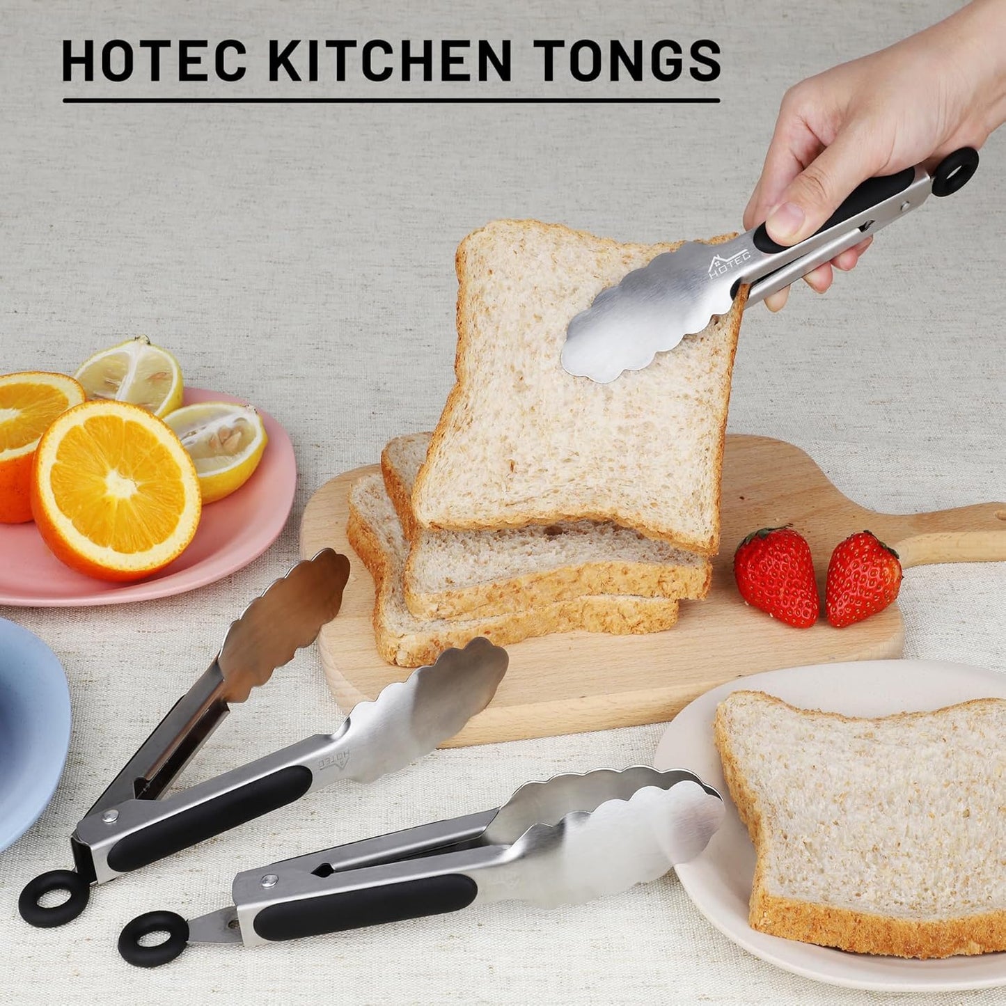Hotec Stainless Steel Kitchen Tongs, Set of 2-9" and 12", Locking Metal Food Tongs for Cooking, Serving, BBQ, Grill Non-Slip Grip