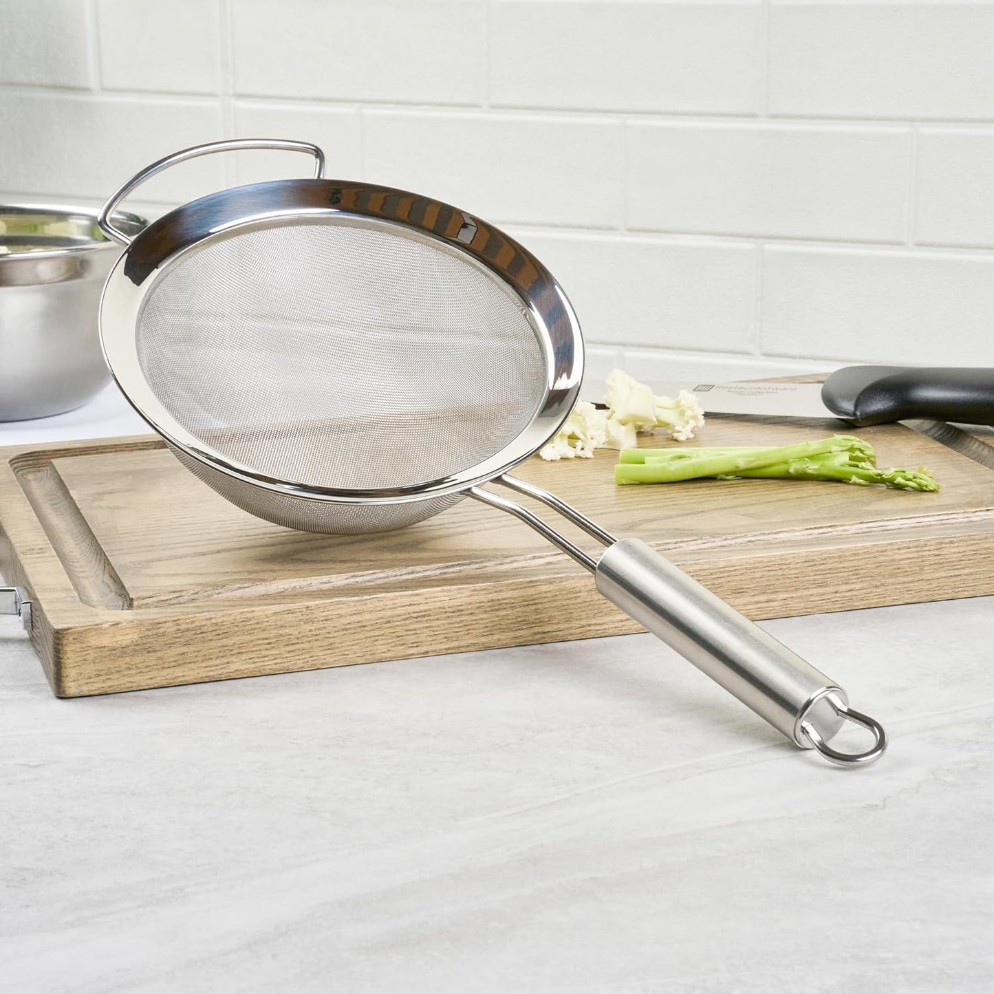 Restaurantware 11.5 in Stainless Steel Fine Mesh Strainer - German Standard Sieve Sifter with Ergonomic Handle, Dishwasher Safe - Reinforced Metal Food Strainer for Quinoa, Soup, Sauce, Baking