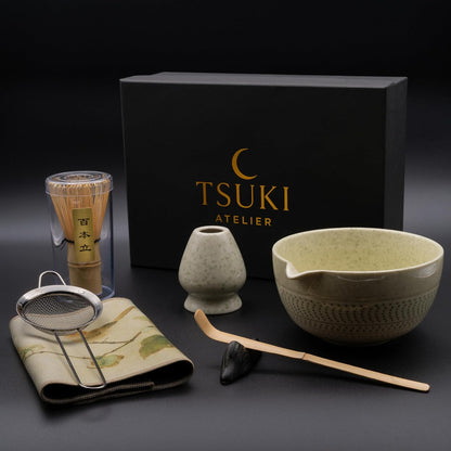 7 Pcs Matcha Whisk Set – Matcha Kit - Ceramic Bowl, Bamboo Whisk & Holder, Scoop, Sifter, Scoop Rest & Tea Towel – Elegant Matcha Kit for Tea Lovers, Home Decor & Zen Spaces (Green)