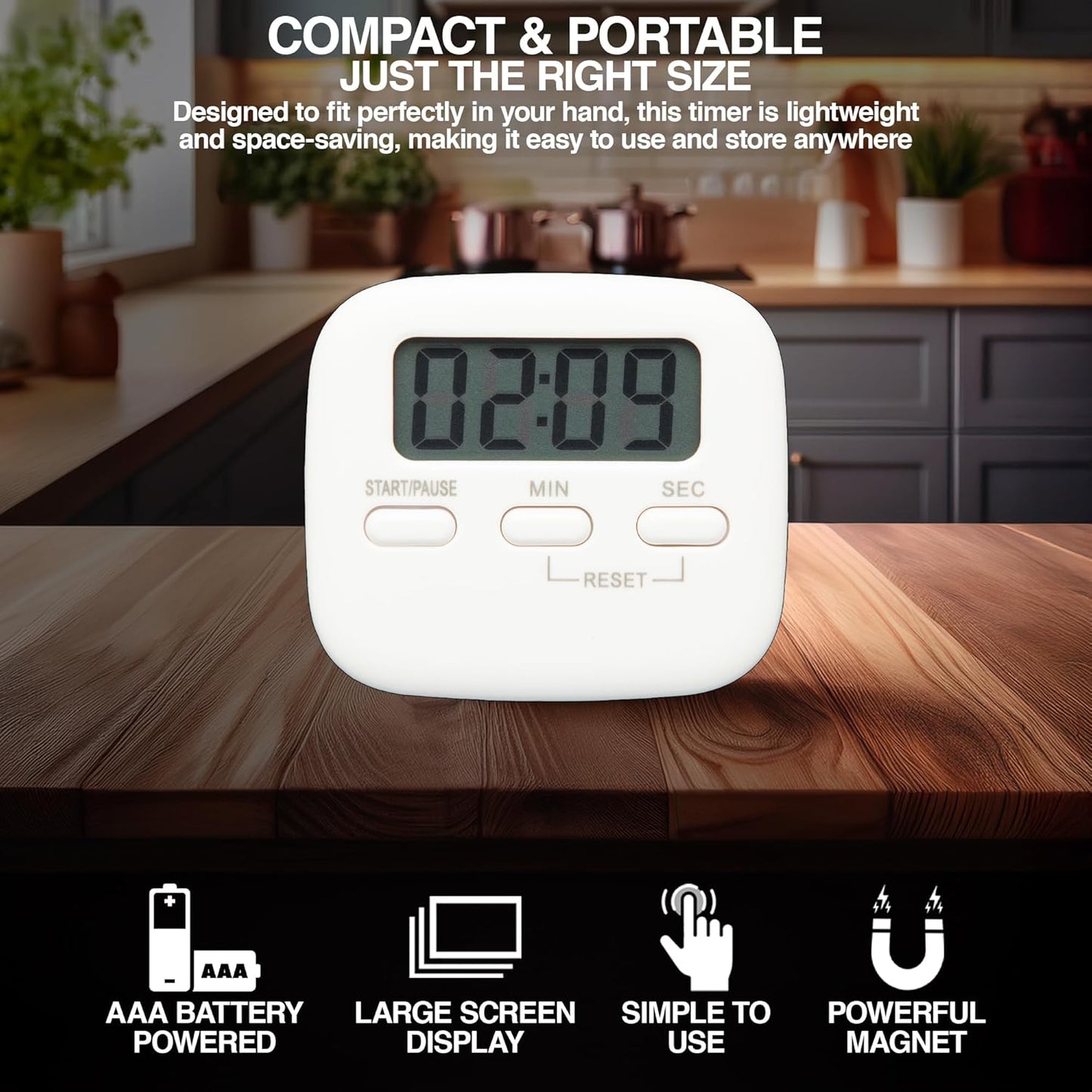 Digital Kitchen Timer Magnetic Backing Stand, Loud Alarm Timers, Timers for Kitchen, Baking, Exercise Training, Study, Count up and Count down Clock, White
