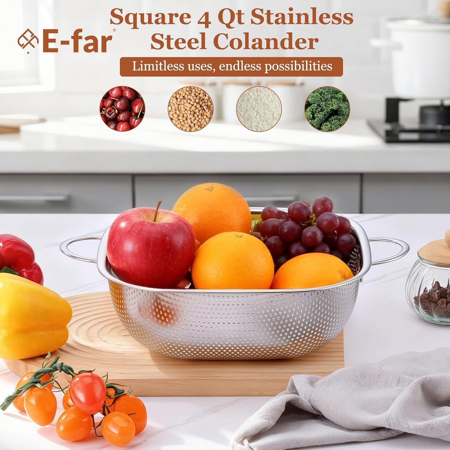 E-far 3 Pack Colander for Kitchen, Square Stainless Steel Metal Strainer Colander with Handle for Draining Food Pasta Vegetable, Micro-Perforated & Elevated Feet, Dishwasher Safe(2.4/4/6QT)