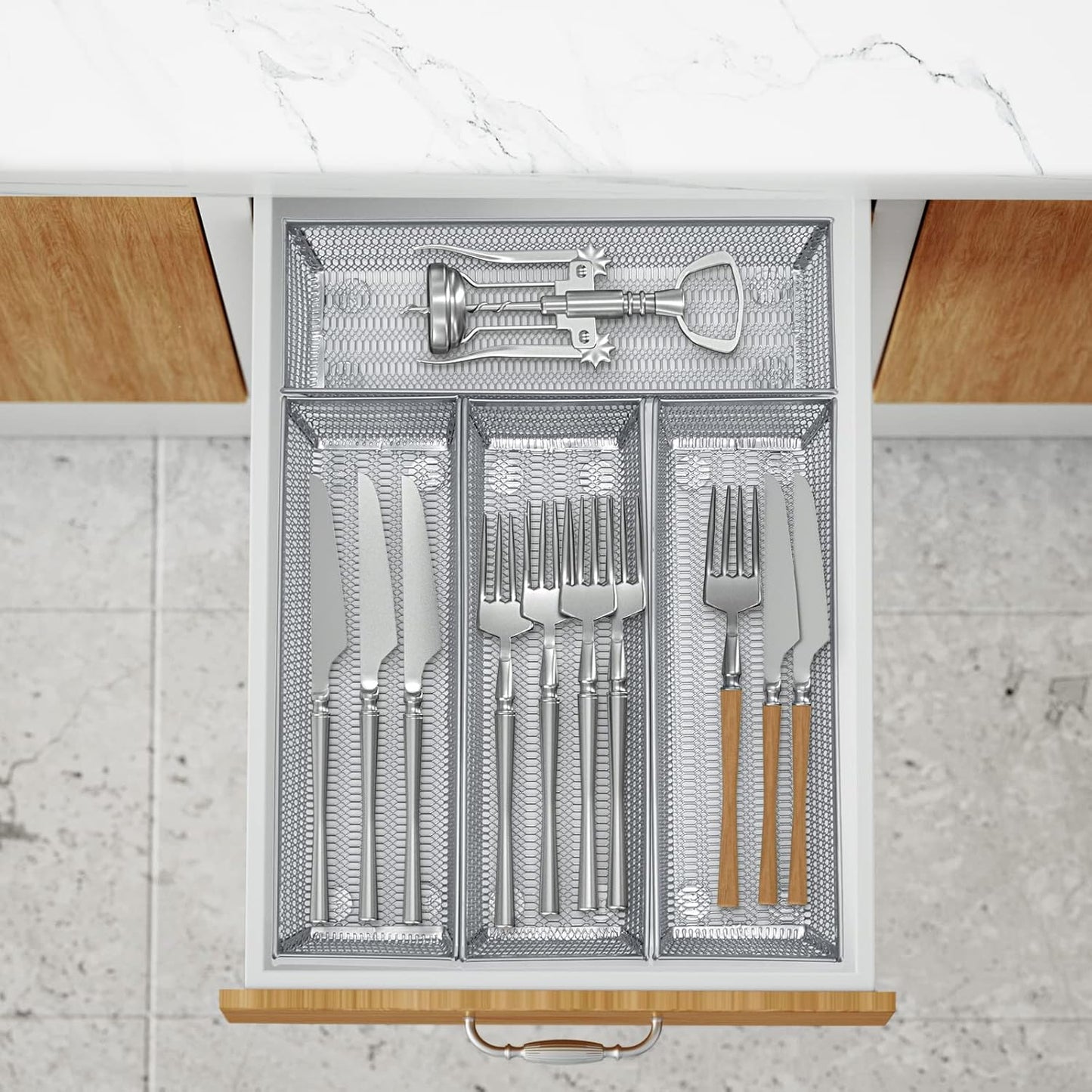 Neudeco Silverware Drawer Organizer - 5 Compartment Cutlery Tray with Non-Slip Feet, Mesh Wire Flatware Storage Divider for Kitchen, Bedroom, Living Room (Silver)
