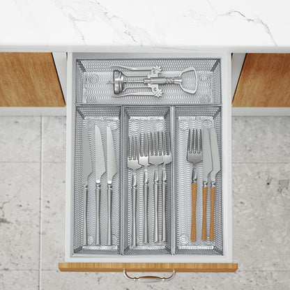 Neudeco Silverware Drawer Organizer - 5 Compartment Cutlery Tray with Non-Slip Feet, Mesh Wire Flatware Storage Divider for Kitchen, Bedroom, Living Room (Silver)