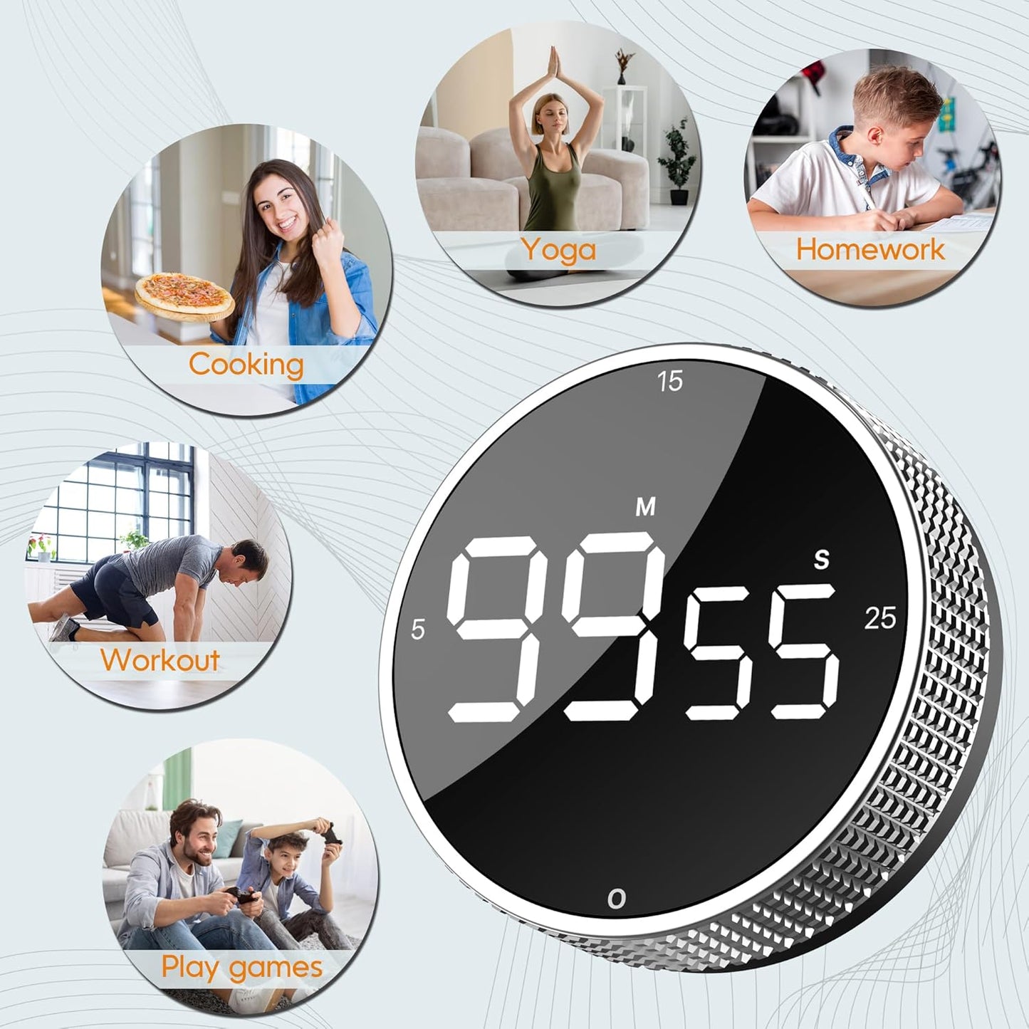 Upgrade Digital Kitchen Timer - Magnetic Countdown Countup Visual Pomodoro Timer with Large LED Display, 3-Preset Times (5, 15, 25), 3 Volume Levels, Ideal for Cooking, Baking and Fitness (1, Black)