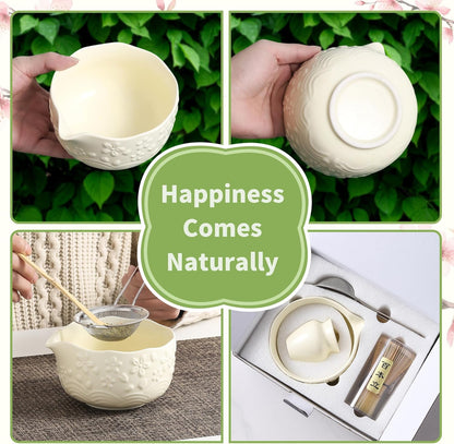 Matcha Whisk Set, 5 Pcs Ceramic Matcha Set, Matcha Kit Set Includes Matcha Bowl, Matcha Whisk and Holder, Bamboo Scoop and Sifter, Matcha Tea Set, Ideal Gift for Family/Friend (Pink)