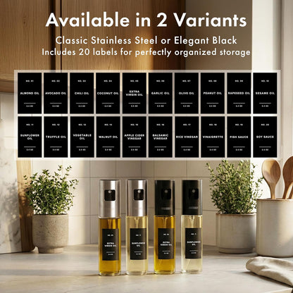 EDELHAUS Oil Sprayer Set of 2 – Oil Spray Bottle Made of Stainless Steel & Glass, for Healthy Cooking, Sprayer for Precise Dosage, for Cooking Oil & Vinegar Including 20 Labels, Funnel