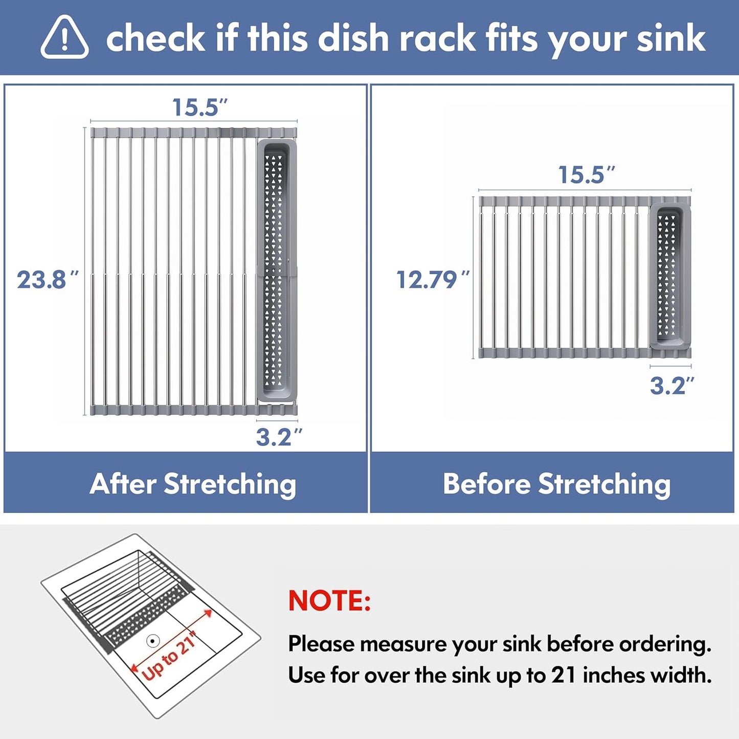 JASIWAY Roll Up Dish Drying Rack, Expandable (12.8"-23.8" D x 12.8" W) Stainless Steel Portable Drainer for Kitchen Sink Counter, Foldable Over The Sink Cover with Removable Utensil Holder