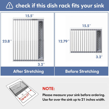 JASIWAY Roll Up Dish Drying Rack, Expandable (12.8"-23.8" D x 12.8" W) Stainless Steel Portable Drainer for Kitchen Sink Counter, Foldable Over The Sink Cover with Removable Utensil Holder