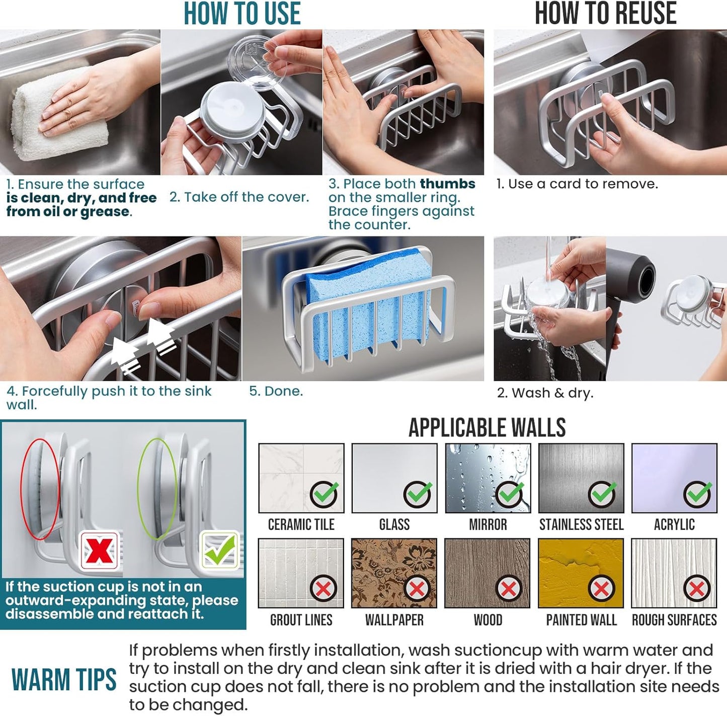 TAILI 4-in-1 Sink Caddy with Strong Suction Cup, Sponge Holder for Kitchen Sink Organizer, Removable, Rustproof, Stainless Steel Holder for Sponge, Brush, Scrubber, Scraper - Silver