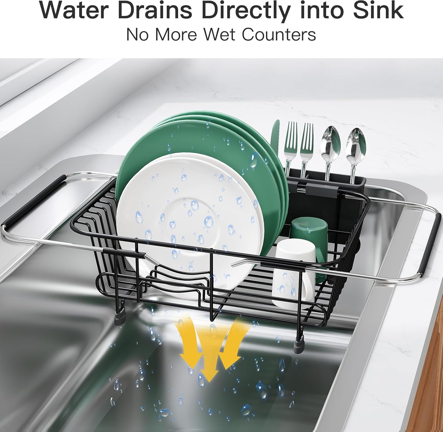 JASIWAY Roll Up Dish Drying Rack, Expandable (12.8"-23.8" D x 12.8" W) Stainless Steel Portable Drainer for Kitchen Sink Counter, Foldable Over The Sink Cover with Removable Utensil Holder