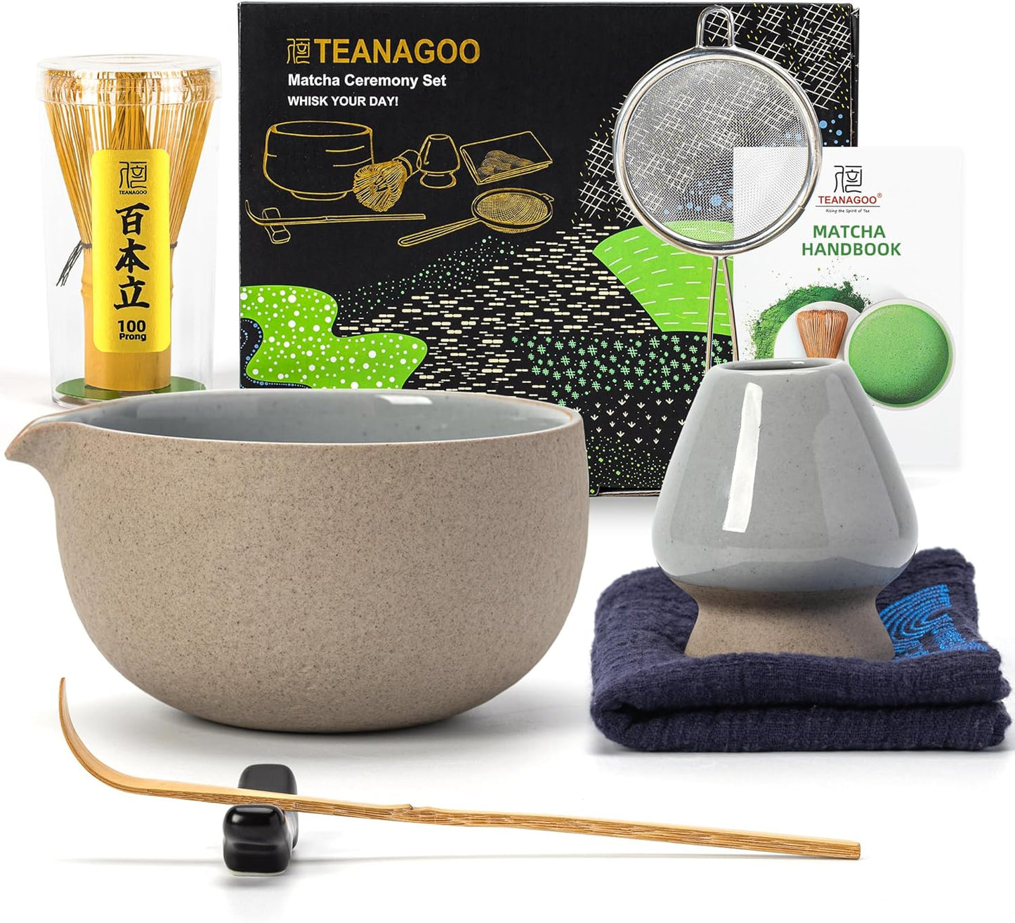 TEANAGOO Matcha Whisk Set,7 Pcs Matcha Start Set Lt.Grey,Matcha Kit for Ceremony,Matcha Tea Set with Whisk and Bowl with All Accessories,Gift for Friend/Family