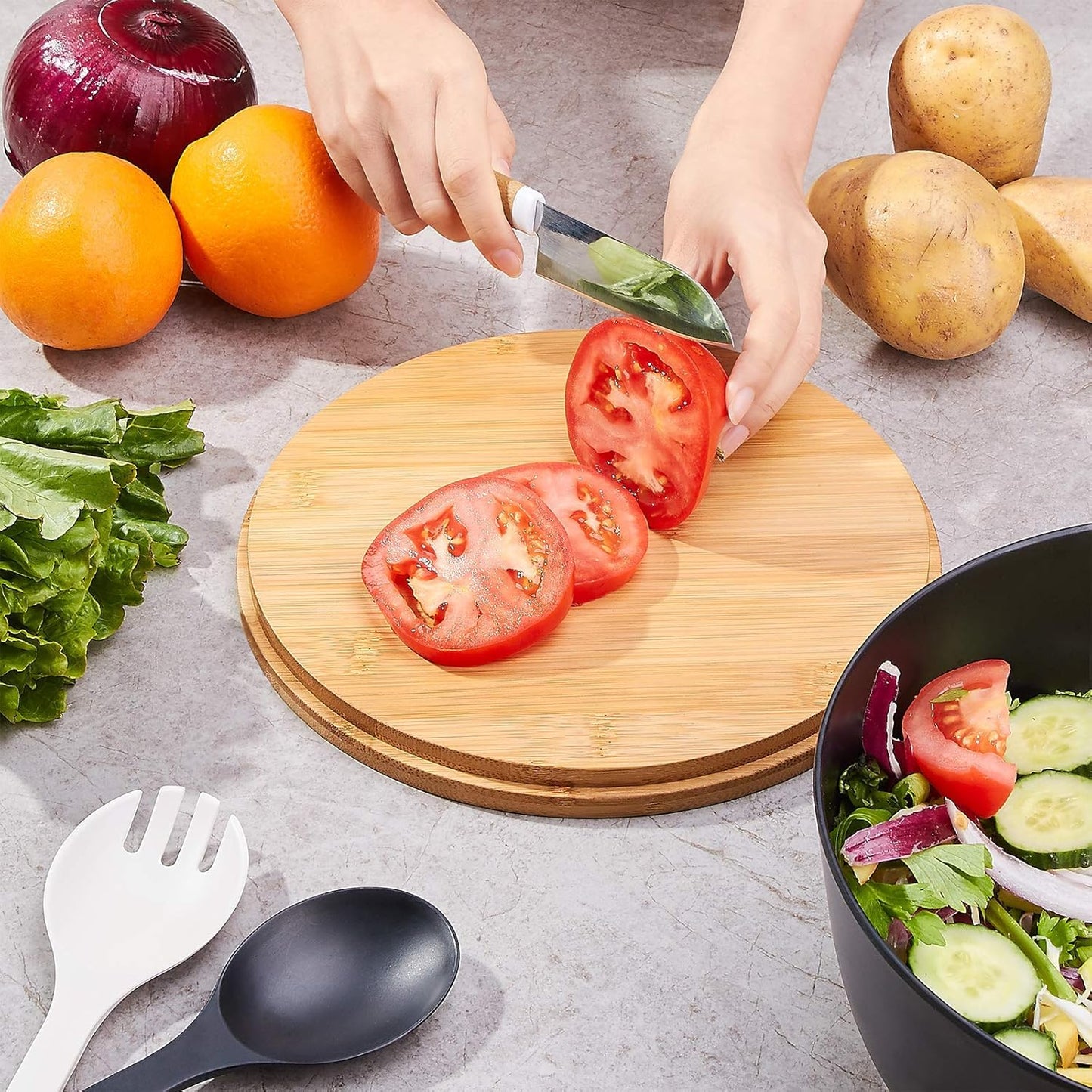 11.3" Extra Large Salad Serving Bowl Set with Wooden Lid&Utensils, 6.5Qt., Bamboo Fiber Salad Bowl with Servers for Kitchen, Lightweight Big Bowl for Mixing Salad,Fruit,Pasta - Matte White