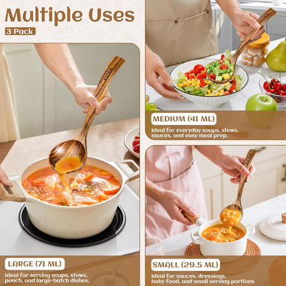 Wooden Ladle for Soup, Set of 3 Natural Teak Wood Ladle with Back Hooks, Wooden Soup Ladle for Cooking, Serving and Stirring | Comfortable Grip, Heat-Resistant &Non-Stick Teak Wooden Utensil Set