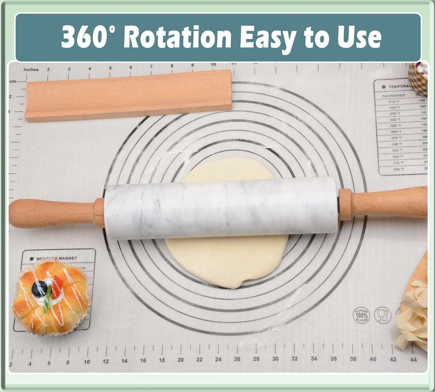 Marble Rolling Pin with Wooden Cradle Thick Handle Set for Baking,18.5 inch Premium Quality Polished Roller for Pizza Dough,Fondant,Pie Crust,Non-Stick Surface Easy to Clean(White)