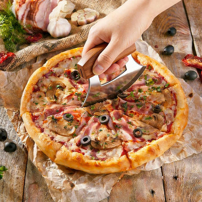 Ulu Knife, Sharp Rocker Mezzaluna Knife with Wooden Stand for Salad, Vegetables, Pizza Cutter Rocker, Mezzaluna Chopper, Super Sharp Blade, Small