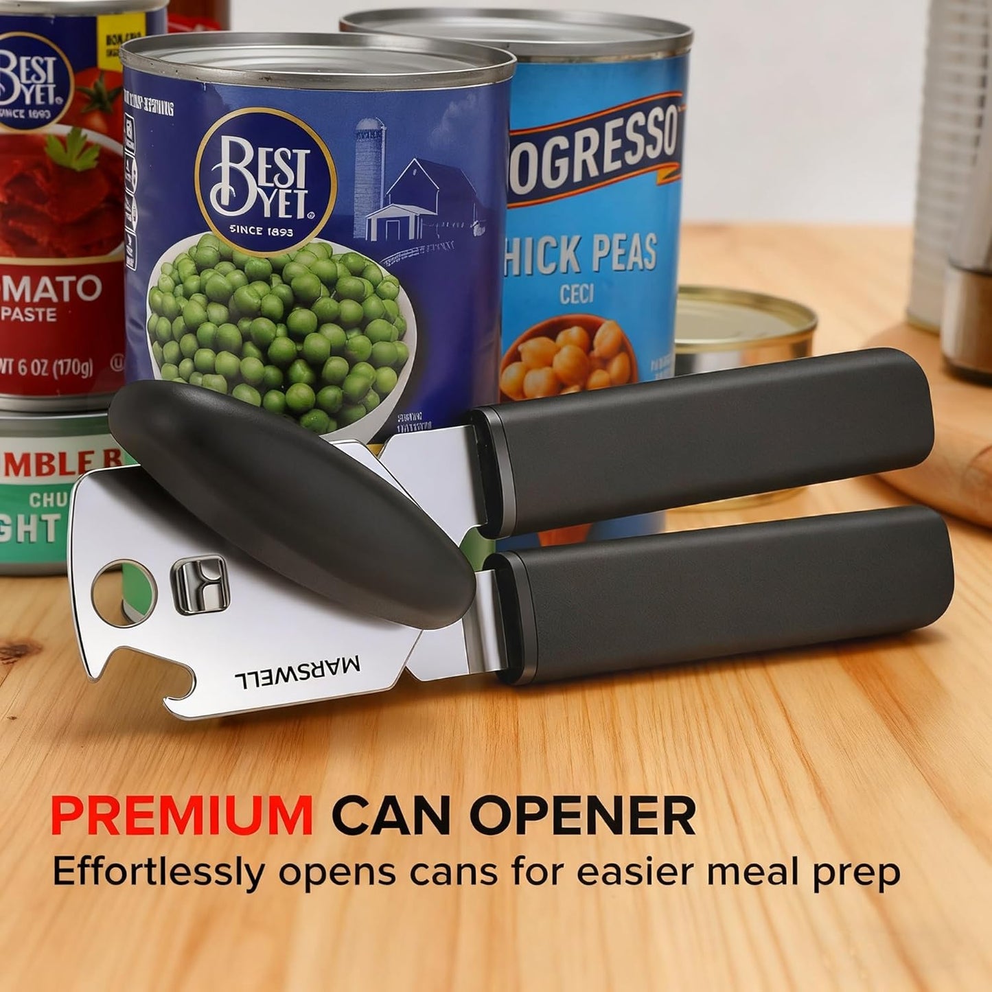 MARSWELL Heavy Duty Can Opener for Large Cans, Extra-Long Handles & Oversized Knob for Easy Cranking, Commercial Manual Hand Crank Opener Opens Big #10 Cans Smoothly, Strong All-Steel Construction