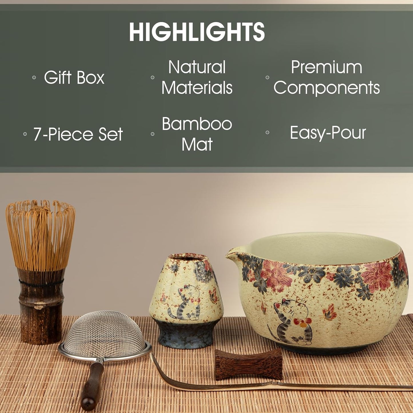 Matcha Whisk Set, 7-Piece Matcha Kit with Ceramic Bowl, Bamboo Whisk, Scoop, Sifter, Holder & Bamboo Mat – Premium Matcha Tea Set for Beginners & Matcha Lovers, Gift Ready