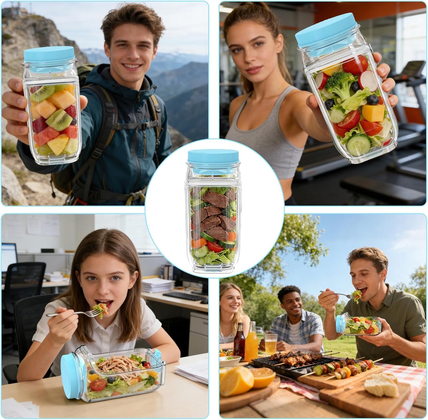 FNHMSL Side-Opening Mason Salad Jar, Portable (35 oZ) 1000ml Salad Container with Leakproof Dressing Cup, Includes Spoon and Cleaning Brush, Perfect for Meal Prep, Gym, Office, Picnic and Travel