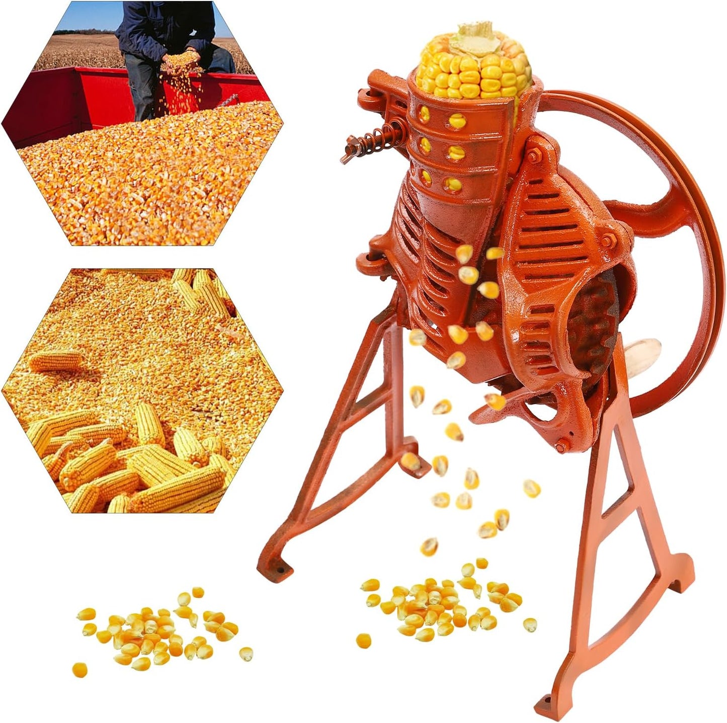 Corn Sheller, Hand Crank & Electric Corn Thresher Peeling Peeler, Corn Cob Stripper Tool with Handle, Manual Dry Corn Shelling Machine for Small Farm and Household Usage (Orange)